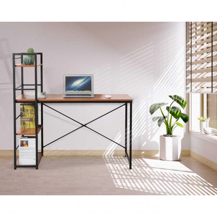 Birou calculator, Jumi, pal melaminat, otel, 3 rafturi, natur si negru, 120x52x120 cm [6]