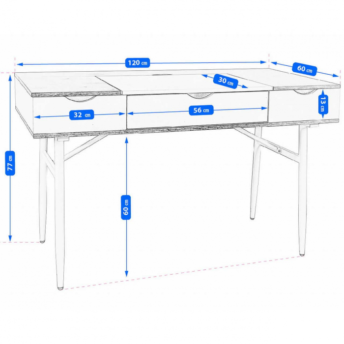 Birou calculator, Jumi, placa MDF, otel, cu sertar, compartimente interioare, alb si natur, 120x60x77 cm [3]