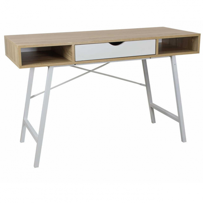 Birou calculator, Jumi, placa MDF, otel, cu sertar, rafturi laterale, alb si natur, 120x48x76 cm [3]