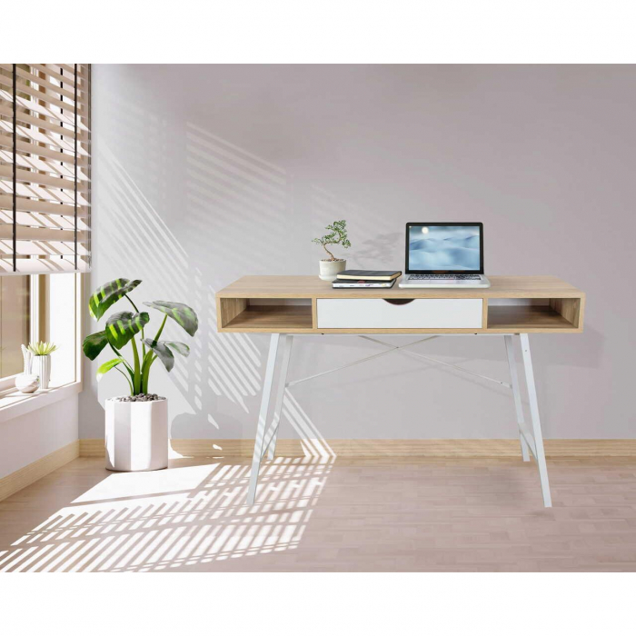 Birou calculator, Jumi, placa MDF, otel, cu sertar, rafturi laterale, alb si natur, 120x48x76 cm [6]