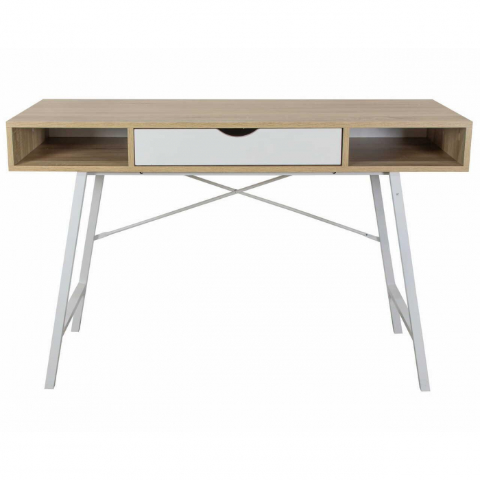 Birou calculator, Jumi, placa MDF, otel, cu sertar, rafturi laterale, alb si natur, 120x48x76 cm [2]