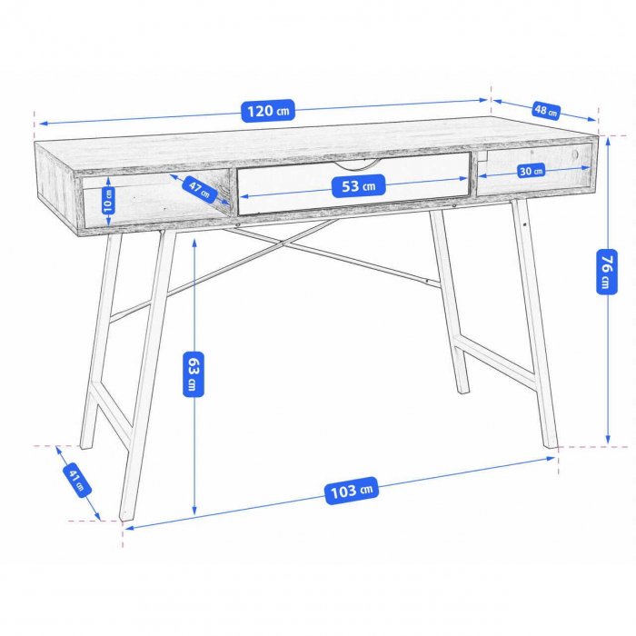 Birou calculator, Jumi, placa MDF, otel, cu sertar, rafturi laterale, alb si natur, 120x48x76 cm [5]