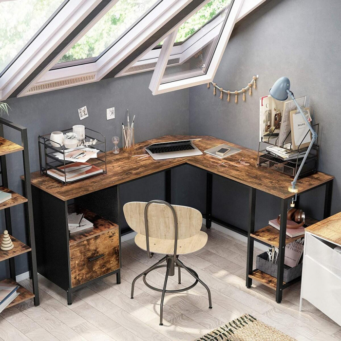 Birou calculator pe colt, Artool, pal, otel, cu sertar, 3 rafturi, maro rustic si negru, max 50 kg, 137x150x75 cm [5]