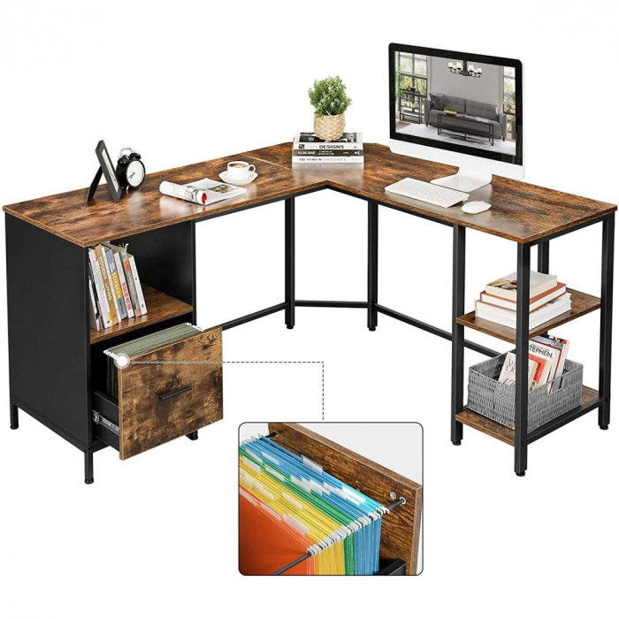 Birou calculator pe colt, Artool, pal, otel, cu sertar, 3 rafturi, maro rustic si negru, max 50 kg, 137x150x75 cm [6]