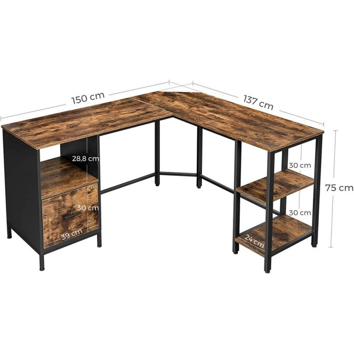 Birou calculator pe colt, Artool, pal, otel, cu sertar, 3 rafturi, maro rustic si negru, max 50 kg, 137x150x75 cm [4]