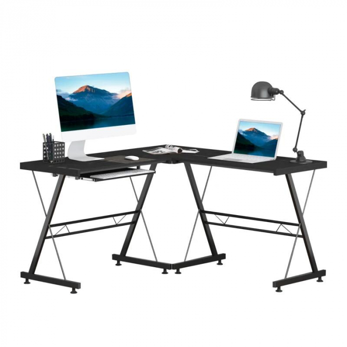 Birou calculator pe colt, convertibil, otel, MDF, cu raft tastatura, negru, max 20 kg, 130x130x73.5 cm [12]