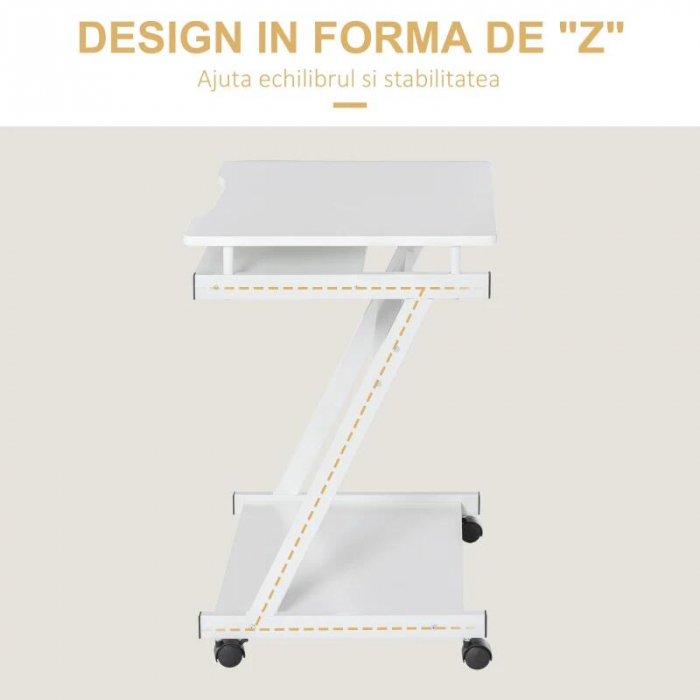 Birou calculator, pe roti, metal, pal, cu raft tastatura, alb, max 30 kg, 60x48x73 cm [8]