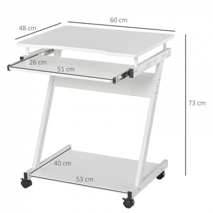 Birou calculator, pe roti, metal, pal, cu raft tastatura, alb, max 30 kg, 60x48x73 cm [9]