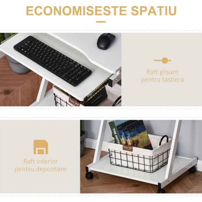 Birou calculator, pe roti, metal, pal, cu raft tastatura, alb, max 30 kg, 60x48x73 cm [7]