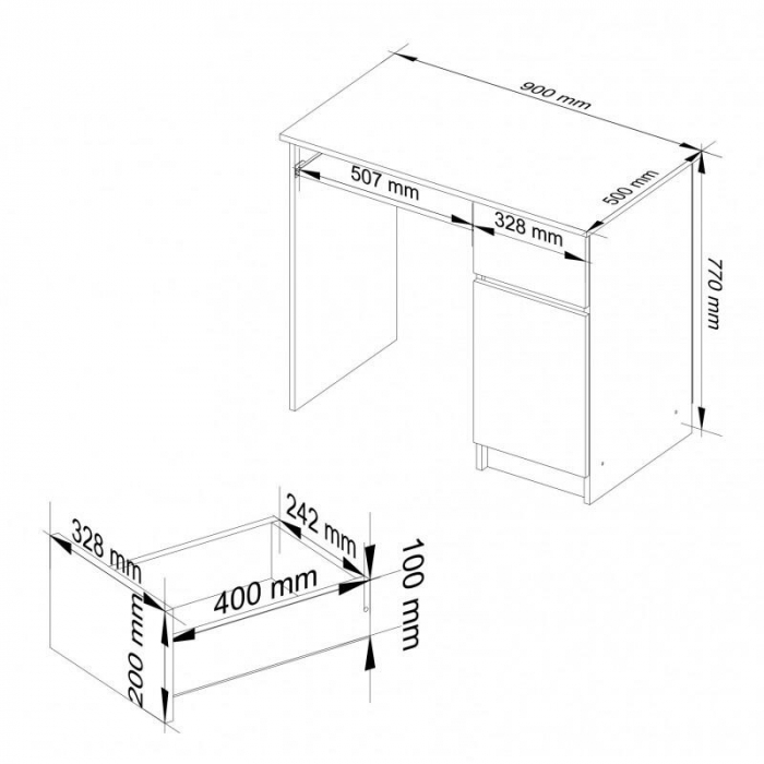 Birou calculator, placa laminata, 1 sertar, 1 dulap cu 2 rafturi, dreapta, gri grafit, 90x50x77 cm [3]
