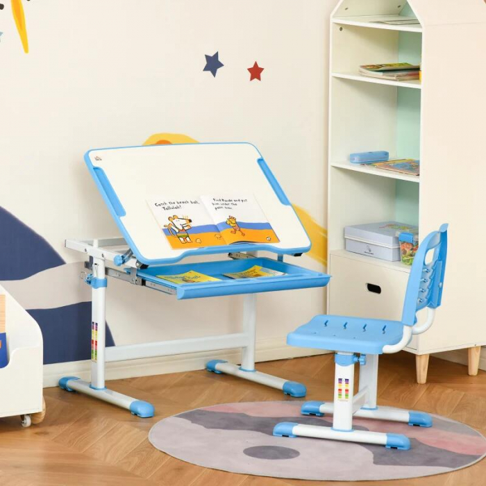 Birou cu scaun pentru copii 6-12 ani, banca scoala, inaltime reglabila, PP, MDF, otel, blat cu inclinare, albastru [3]