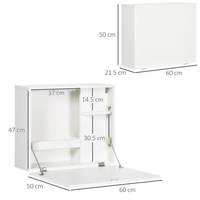 Birou de perete, suspendat, pliabil, MDF, cu raft, alb, max 40 kg, 60x21.5x50 cm [9]