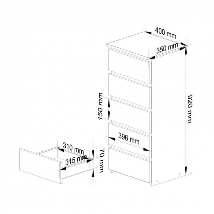 Comoda, placa laminata, 5 sertare, alb, 40x35x92 cm [4]