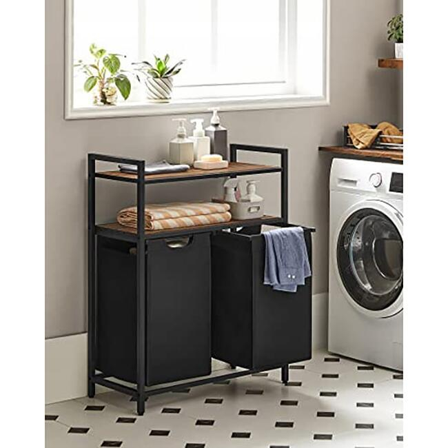 Dulap baie, Artool, placa MDF, cadru otel, 2 compartimente rufe, 2 rafturi, maro rustic si negru, 73x33x91 cm [2]