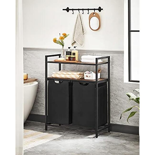 Dulap baie, Artool, placa MDF, cadru otel, 2 compartimente rufe, 2 rafturi, maro rustic si negru, 73x33x91 cm [6]