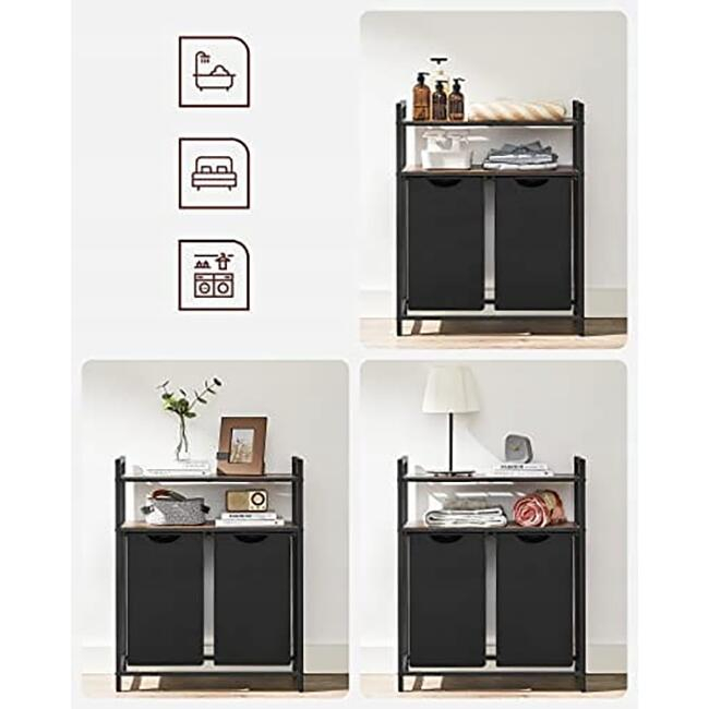 Dulap baie, Artool, placa MDF, cadru otel, 2 compartimente rufe, 2 rafturi, maro rustic si negru, 73x33x91 cm [4]