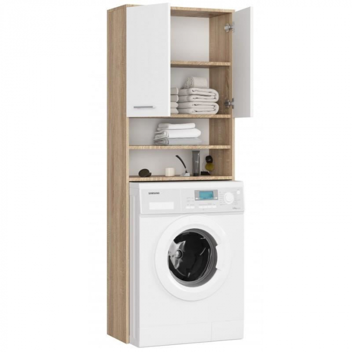 Dulap baie cu loc pentru masina de spalat, placa laminata, 4 rafturi, 2 usi, stejar si alb, 64x30x180 cm [4]