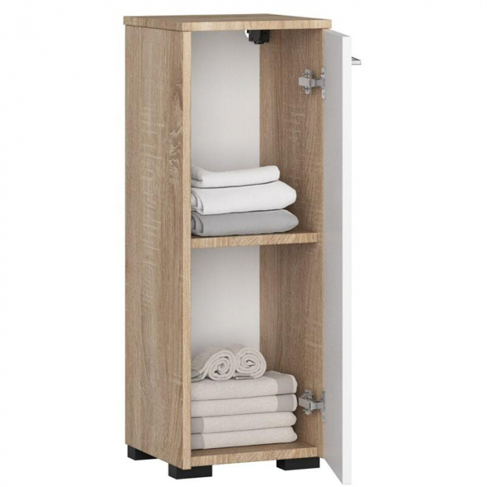 Dulap baie, placa laminata, 2 rafturi, alb si stejar Sonoma, 30x30x85 cm [3]