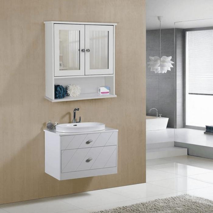 Dulap baie, suspendat, MDF, cu oglinda, 3 rafturi, 2 usi, alb, 56x13x58 cm, Artool [7]