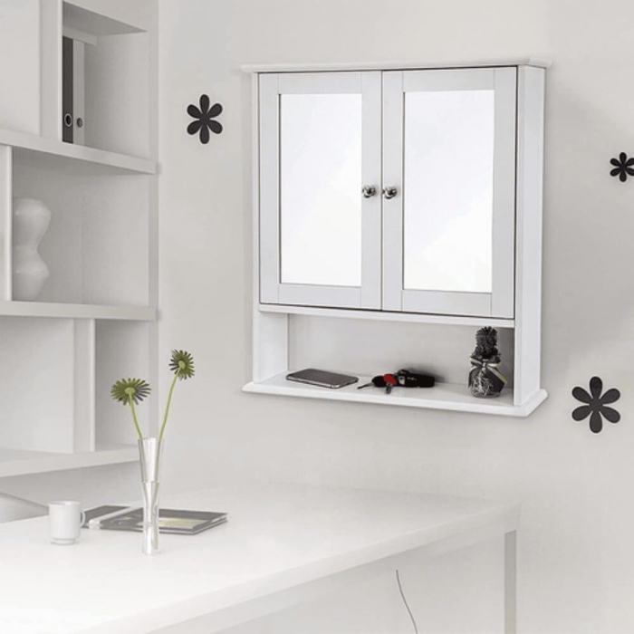 Dulap baie, suspendat, MDF, cu oglinda, 3 rafturi, 2 usi, alb, 56x13x58 cm, Artool [3]