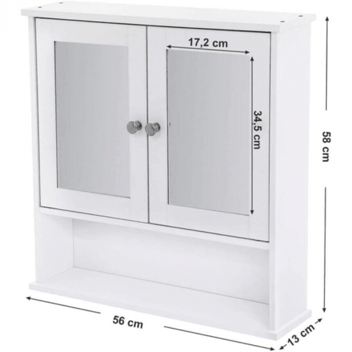 Dulap baie, suspendat, MDF, cu oglinda, 3 rafturi, 2 usi, alb, 56x13x58 cm, Artool [6]