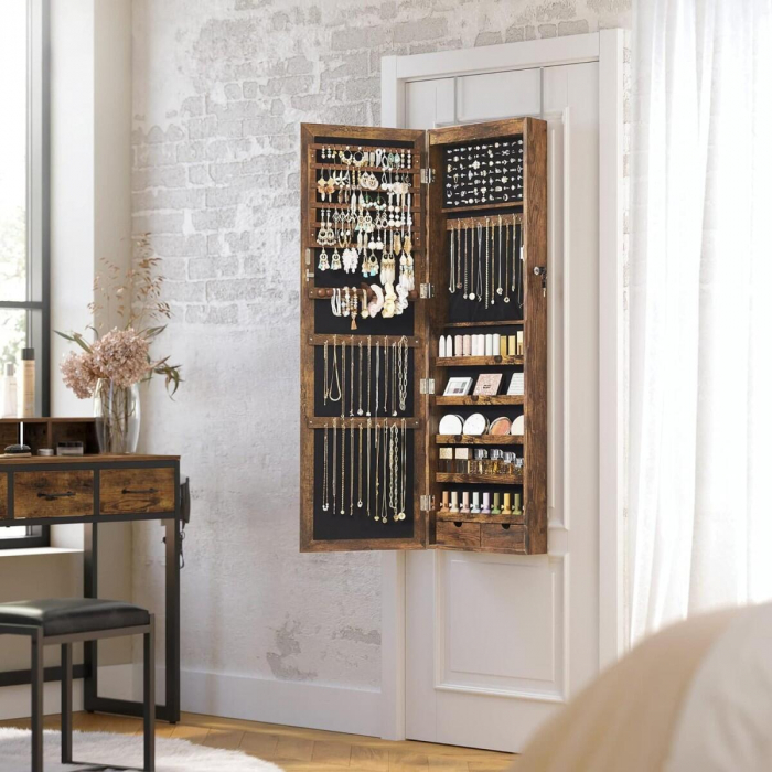 Dulap de perete cu oglinda pentru bijuterii, Artool, MDF, raft inferior, maro rustic, 37x10x120 cm [2]
