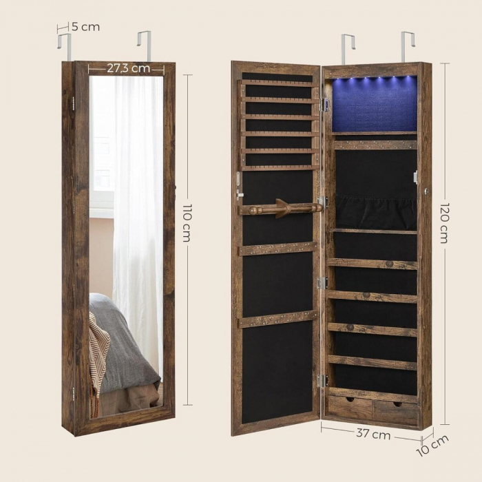 Dulap de perete cu oglinda pentru bijuterii, Artool, MDF, raft inferior, maro rustic, 37x10x120 cm [4]