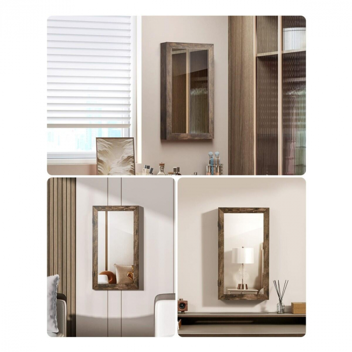 Dulap de perete cu oglinda pentru bijuterii, Artool, MDF, raft inferior, maro rustic, 37x10x67 cm [6]