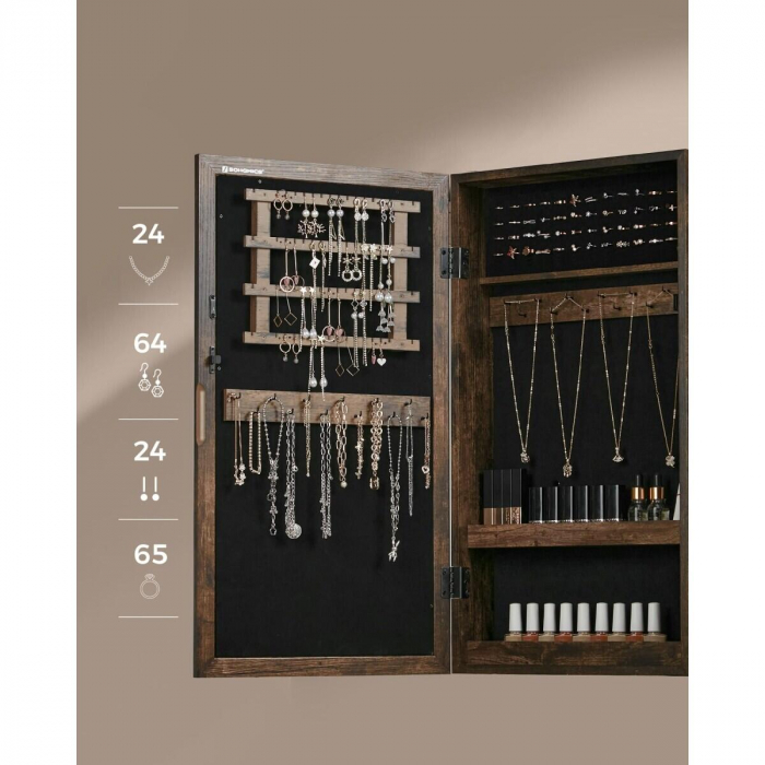 Dulap de perete cu oglinda pentru bijuterii, Artool, MDF, raft inferior, maro rustic, 37x10x67 cm [5]