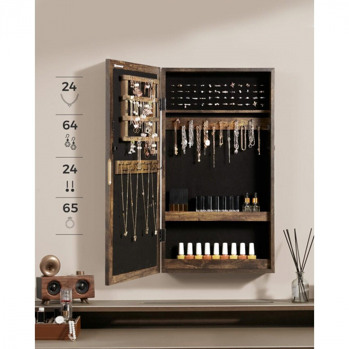 Dulap de perete cu oglinda pentru bijuterii, Artool, MDF, raft inferior, maro rustic, 37x10x67 cm [4]