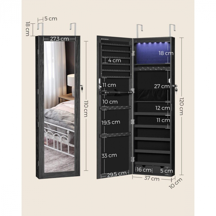 Dulap de perete cu oglinda pentru bijuterii, Artool, MDF, raft inferior, negru, 37x10x120 cm [3]