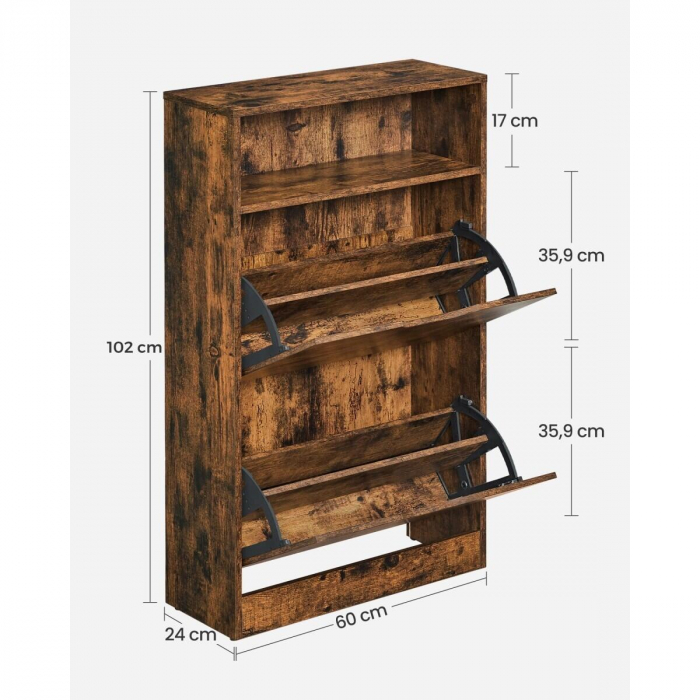 Dulap pentru depozitare incaltaminte, pantofar, Artool, pal, maro rustic, 2 sertare, 1 raft, 60x24x102 cm [4]