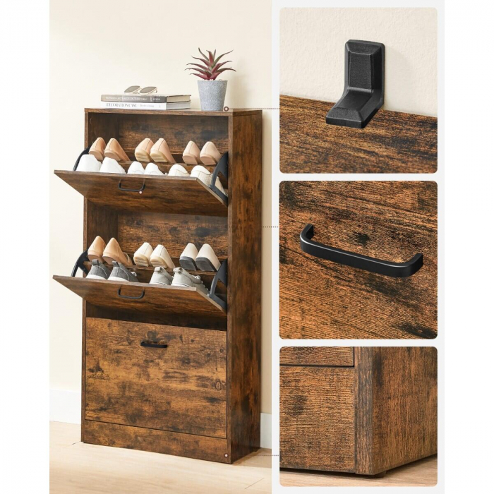 Dulap pentru depozitare incaltaminte, pantofar, Artool, pal, maro rustic, 3 sertare, 60x24x102 cm [2]