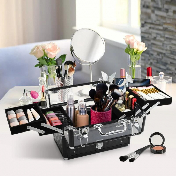 Geanta pentru cosmetice/accesorii baie, aluminiu, 6 compartimente, neagra, 26x9x22.5 cm [8]