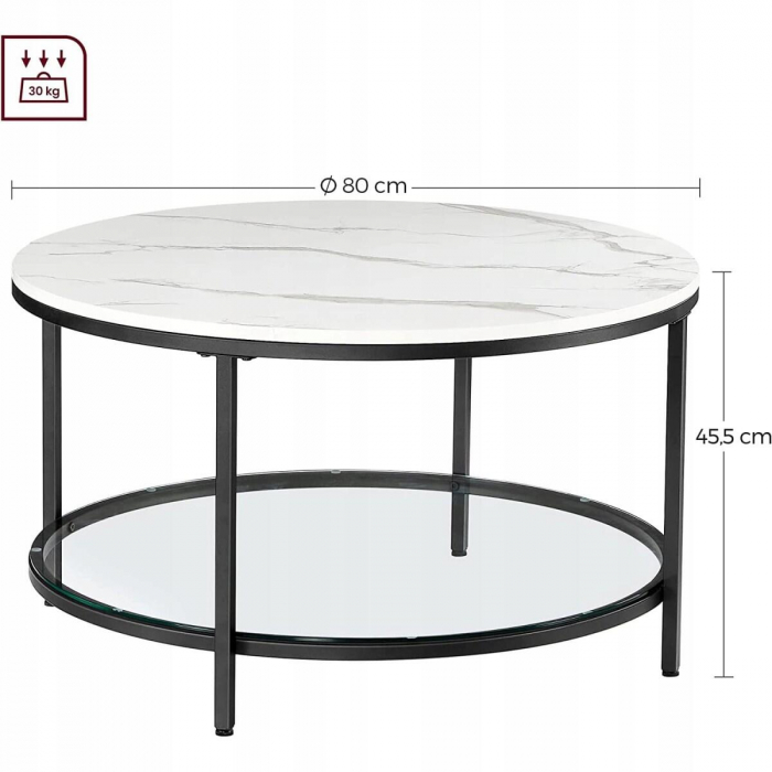 Masa de cafea, Artool, cu raft depozitare din sticla, rotunda, pal, otel, alb si negru, 80x45.5 cm [6]