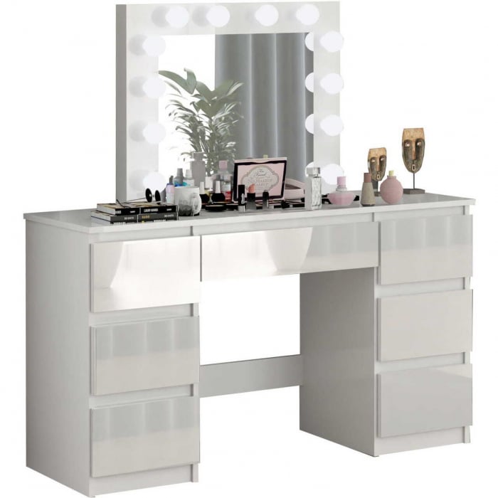 Masa de toaleta/machiaj, alb lucios, cu oglinda si LED-uri, Vanessa, 130x43x143 cm [1]