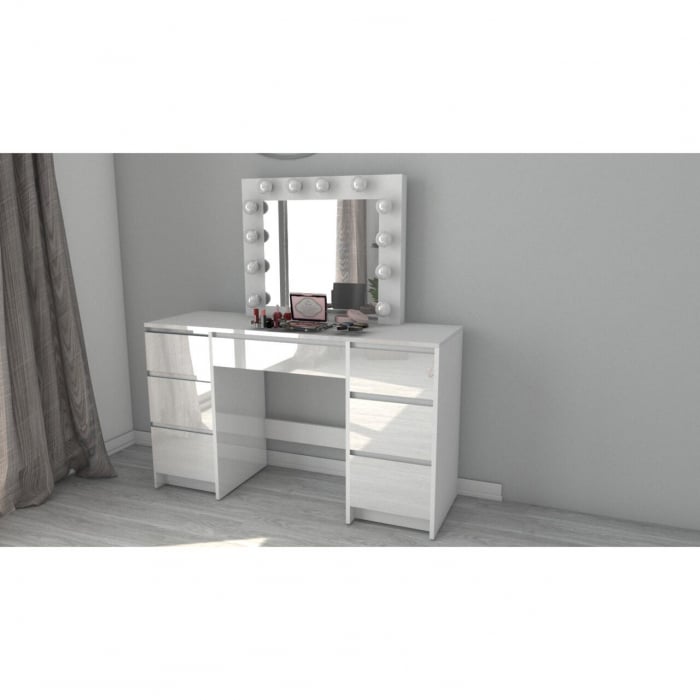 Masa de toaleta/machiaj, alb lucios, cu oglinda si LED-uri, Vanessa, 130x43x143 cm [6]