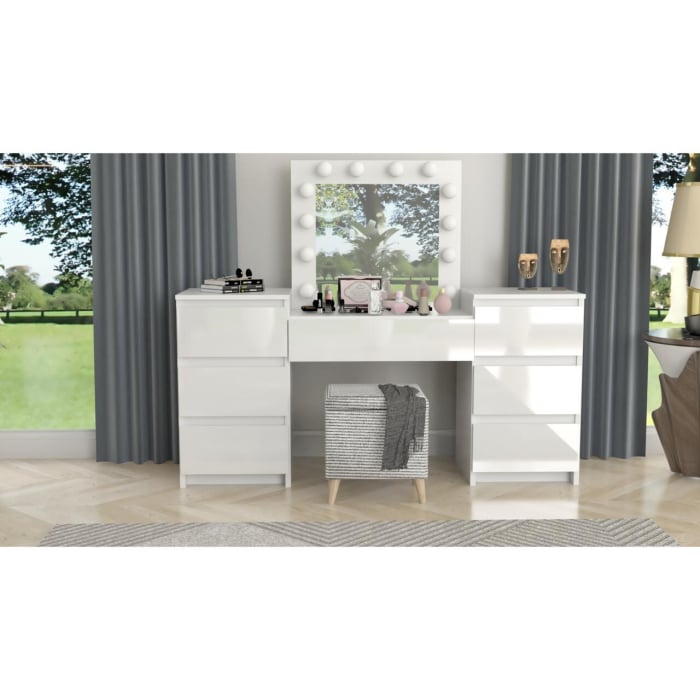 Masa de toaleta/machiaj, alba, sertare lucioase, cu oglinda si LED-uri, Antonia, 155x42x135 cm [3]