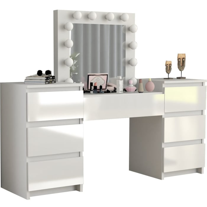 Masa de toaleta/machiaj, alba, sertare lucioase, cu oglinda si LED-uri, Antonia, 155x42x135 cm [1]