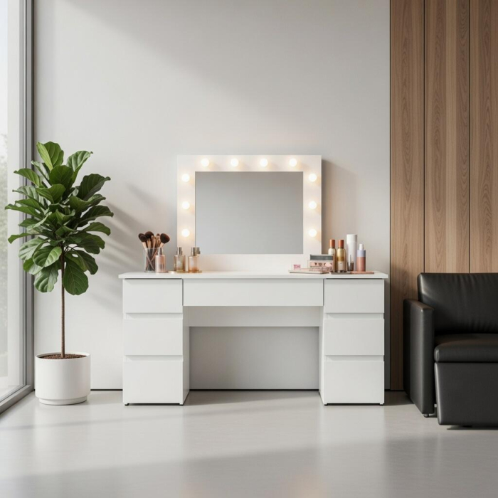 Masa de toaleta/machiaj, Antonia + scaun Avola, alb, cu oglinda si LED-uri, 155x42x135 cm [7]