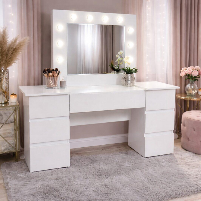 Masa de toaleta/machiaj, Antonia + scaun Mark, alb, cu oglinda si LED-uri, 155x42x135 cm [10]