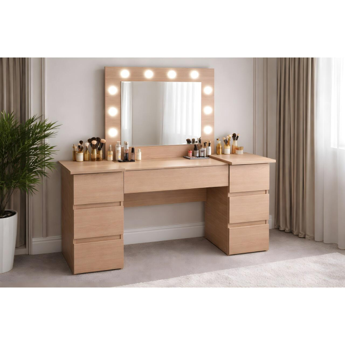 Masa de toaleta/machiaj, Antonia, stejar, cu oglinda si LED-uri, 155x42x135 cm [2]
