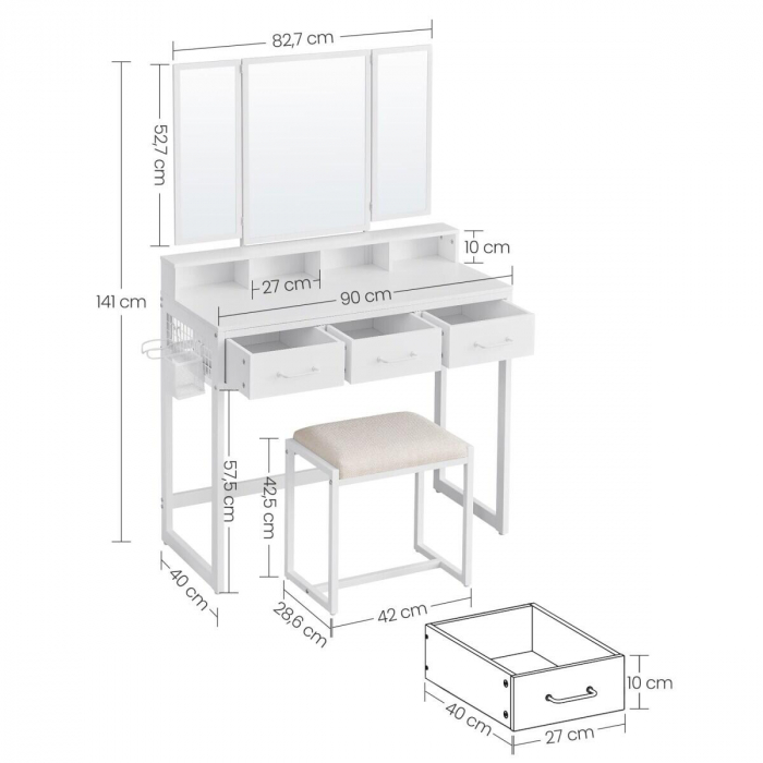 Masa de toaleta/machiaj, Artool, alba, cu 3 oglinzi, taburet, 3 sertare, 90x40x141 cm [4]