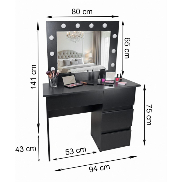 Masa de toaleta/machiaj, Irina, negru, cu oglinda si LED-uri, 94x43x141 cm [6]