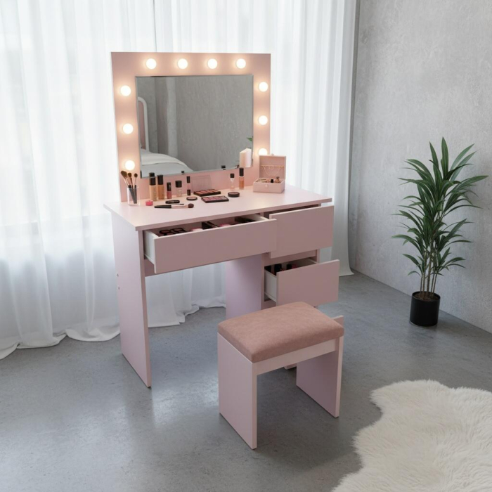 Masa de toaleta/machiaj, Irina, roz, cu oglinda si LED-uri, 94x43x141 cm [2]