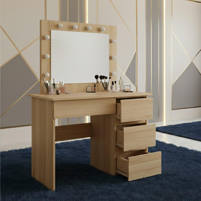 Masa de toaleta/machiaj, Irina, stejar, cu oglinda si LED-uri, 94x43x141 cm [3]