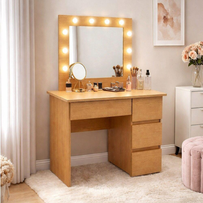 Masa de toaleta/machiaj, Irina, stejar + scaun Avola, negru, cu oglinda si LED-uri, 94x43x141 cm [11]