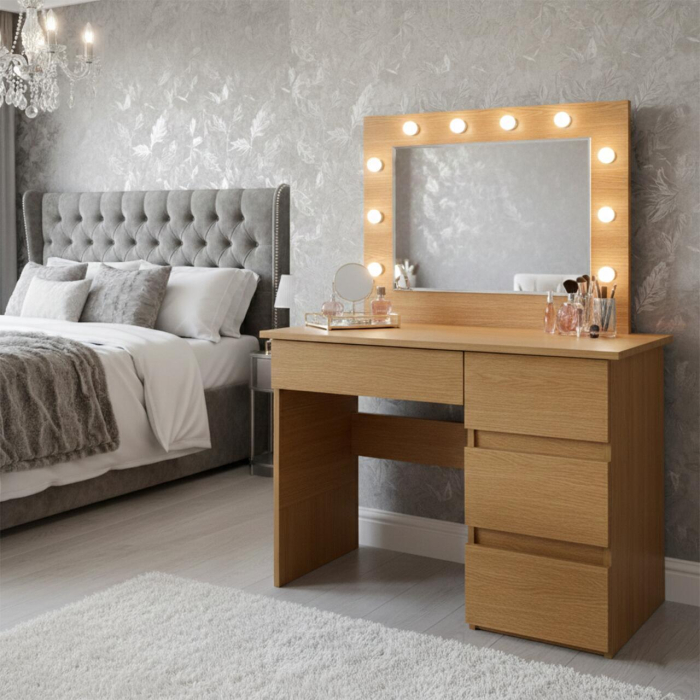 Masa de toaleta/machiaj, Irina, stejar + scaun Avola, negru, cu oglinda si LED-uri, 94x43x141 cm [9]