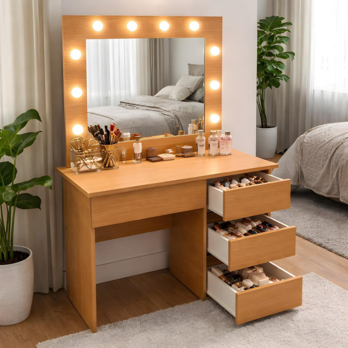 Masa de toaleta/machiaj, Irina, stejar + scaun Lago, verde, cu oglinda si LED-uri, 94x43x141 cm [10]