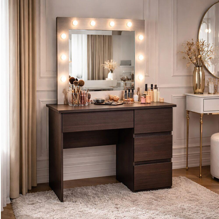Masa de toaleta/machiaj, Irina, wenge + scaun Alba, negru, cu oglinda si LED-uri, 94x43x141 cm [9]